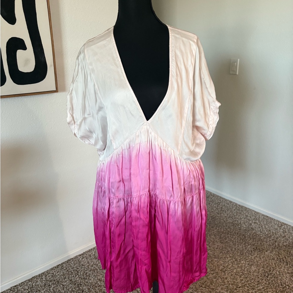 Free People Pink and White V-Neck Mini Dress